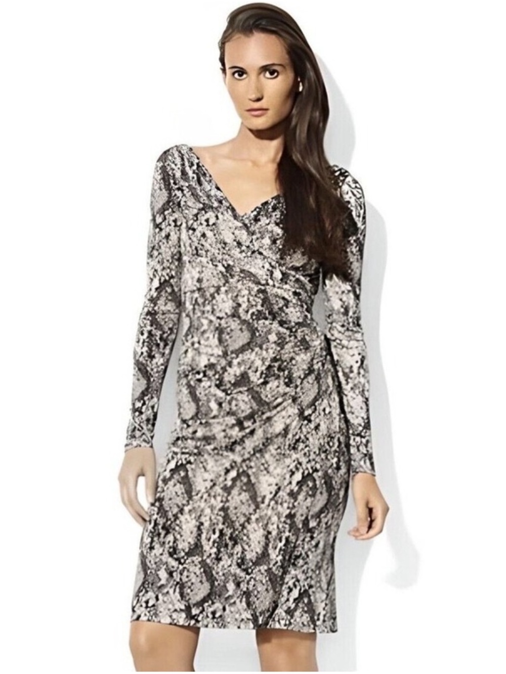 Lauren Ralph Lauren Snake Print Ruched Faux Wrap Dress Size 10